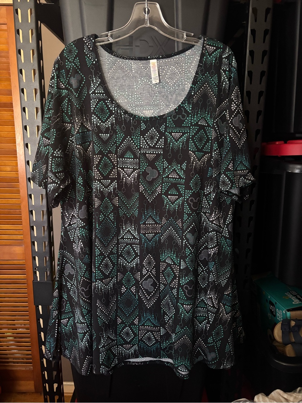 LuLaRoe Black & Teal Geometric Scoop Neck Tee Disney
